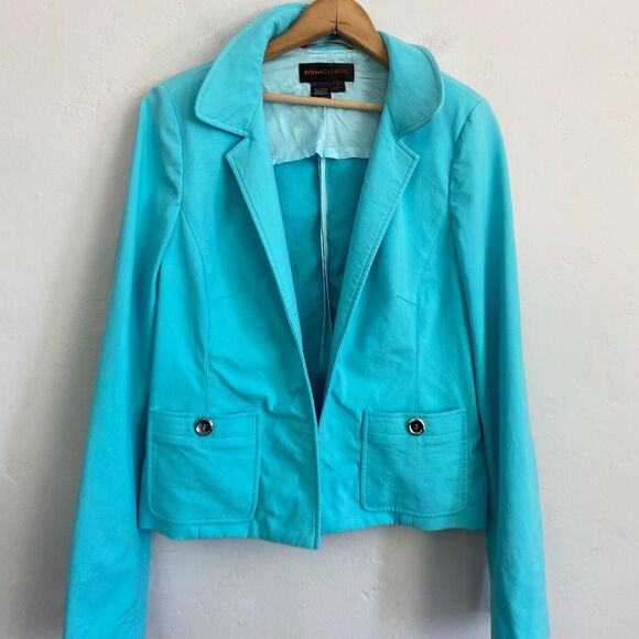 Nina McLemore Turquoise Blazer Jacket Women Size 8 Open Front Stretch - Picture 2 of 15